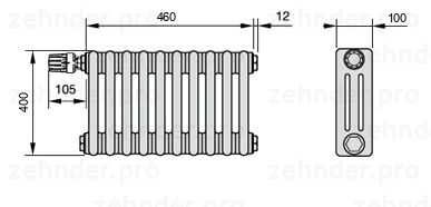 Схема (чертеж) Радиатор Zehnder Charleston 3040/10 №V012 Белый глянцевый RAL 9016